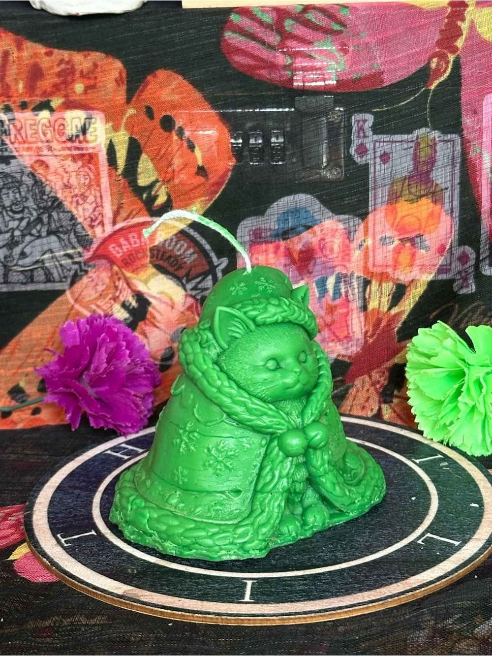Handmade Green Winter Cat Candle – Cozy Cloaked Kitty